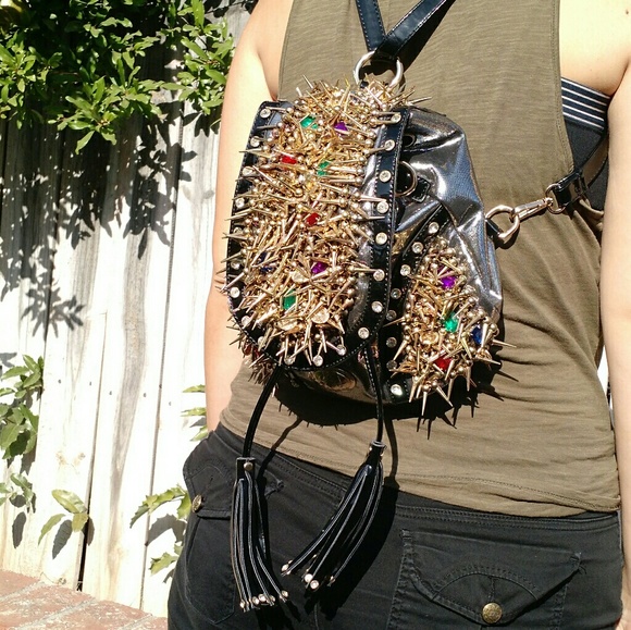Haiying Snider Handbags - Haiying Snider - Silver Gold Spikes Gems Backpack